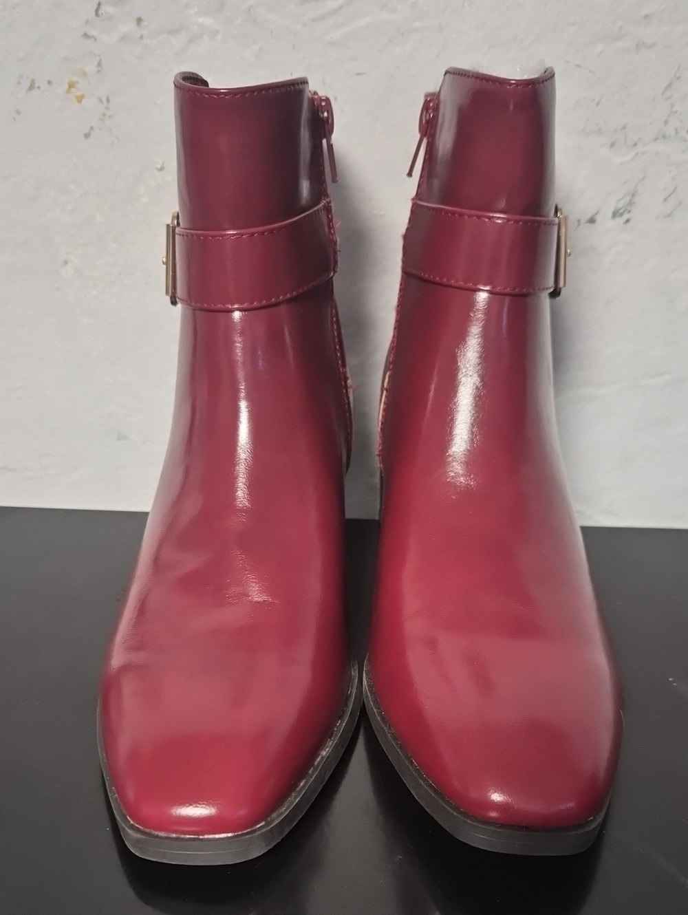 Journee Collection Burgundy Leather Ankle Booties with Buckle Accent